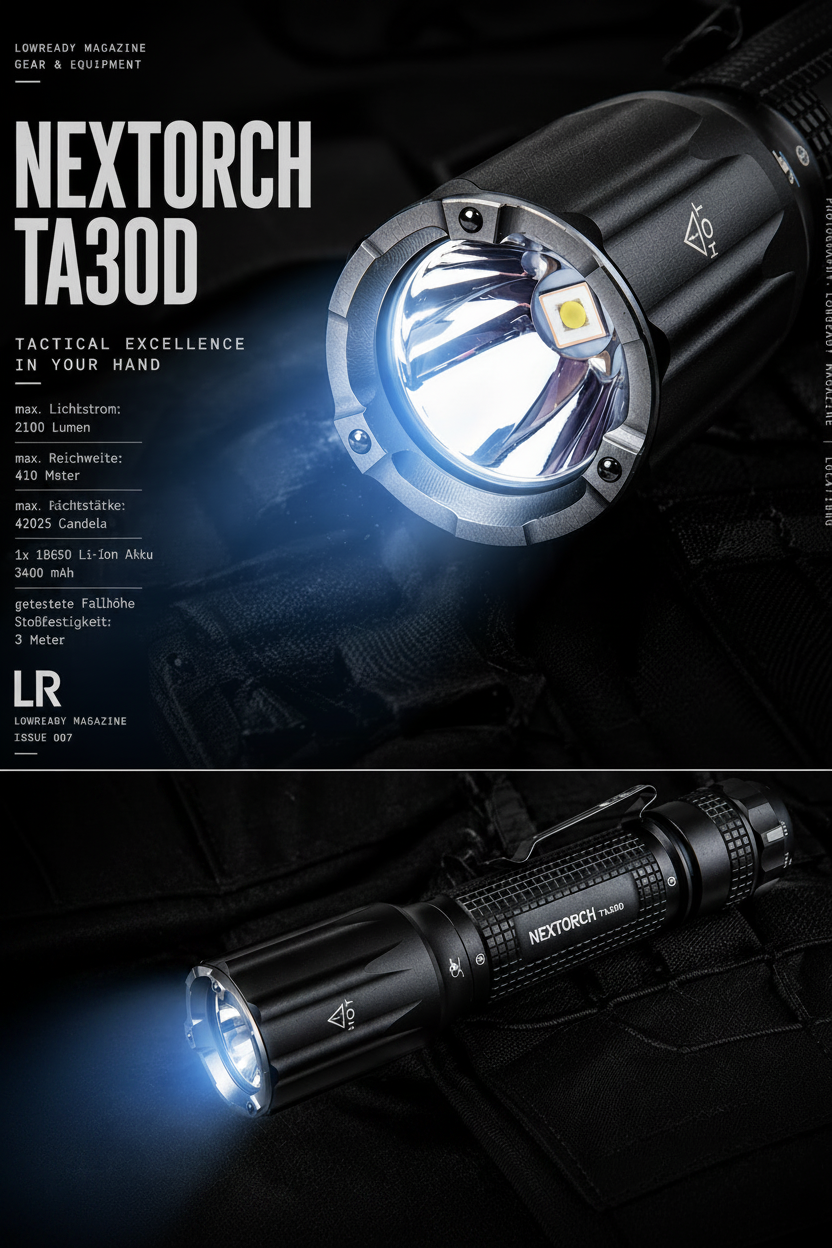 A close-up of the Nextorch TA 30D tactical flashlight shows its illuminated lens and sleek black design, with specifications and branding displayed beside and below it on a dark background.