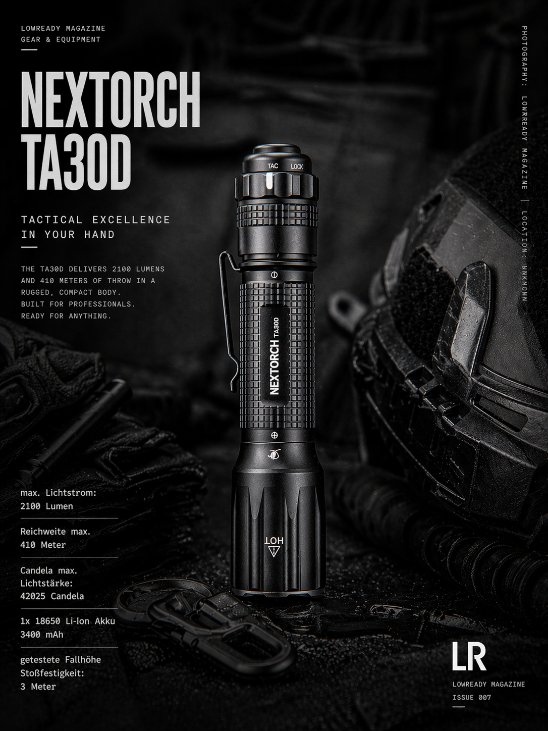 A black Nextorch TA 30D tactical flashlight stands upright on a dark surface amid tactical gear, with English and German text detailing features like the Ultra Thermal Buffer and its specifications.