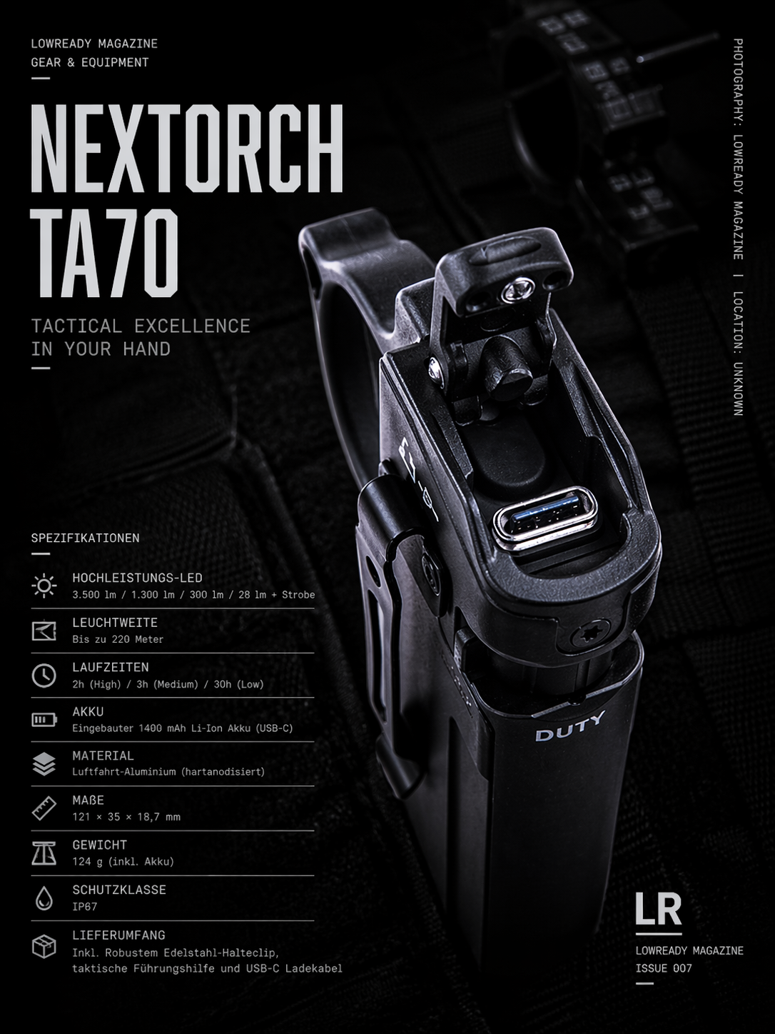 A close-up of the NEXTORCH TA70 "Ultra-Slim" Tactical LED Taschenlampe mit 3.500 Lumen shows its open battery compartment, German specs, and the Lowready Magazine logo on a dark, professional background.