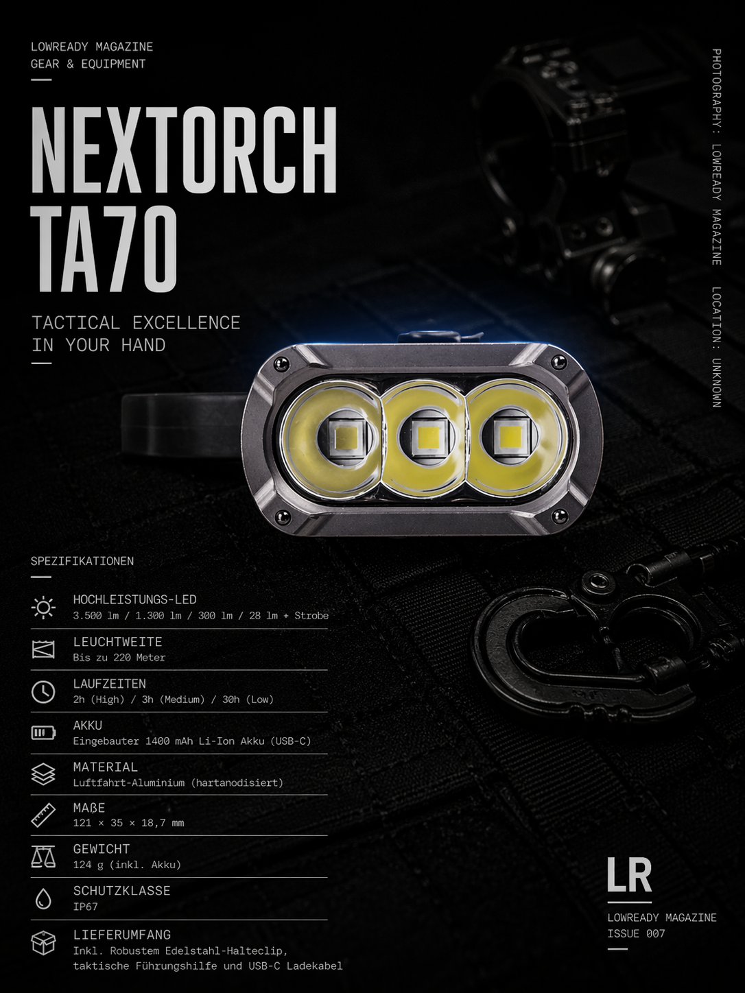 A close-up of the NEXTORCH TA70 "Ultra-Slim" Tactical LED Taschenlampe mit 3.500 Lumen, shown on a dark surface with tactical gear. Text features specs and the slogan: Tactical Excellence in Your Hand.