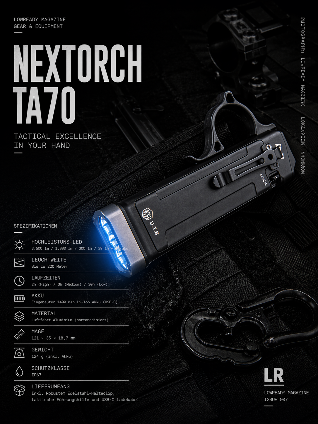 A black NEXTORCH TA70 "Ultra-Slim" Tactical LED Taschenlampe with 3,500 Lumen emits blue light onto tactical gear beside a black handgun. Its German specifications appear on the left.